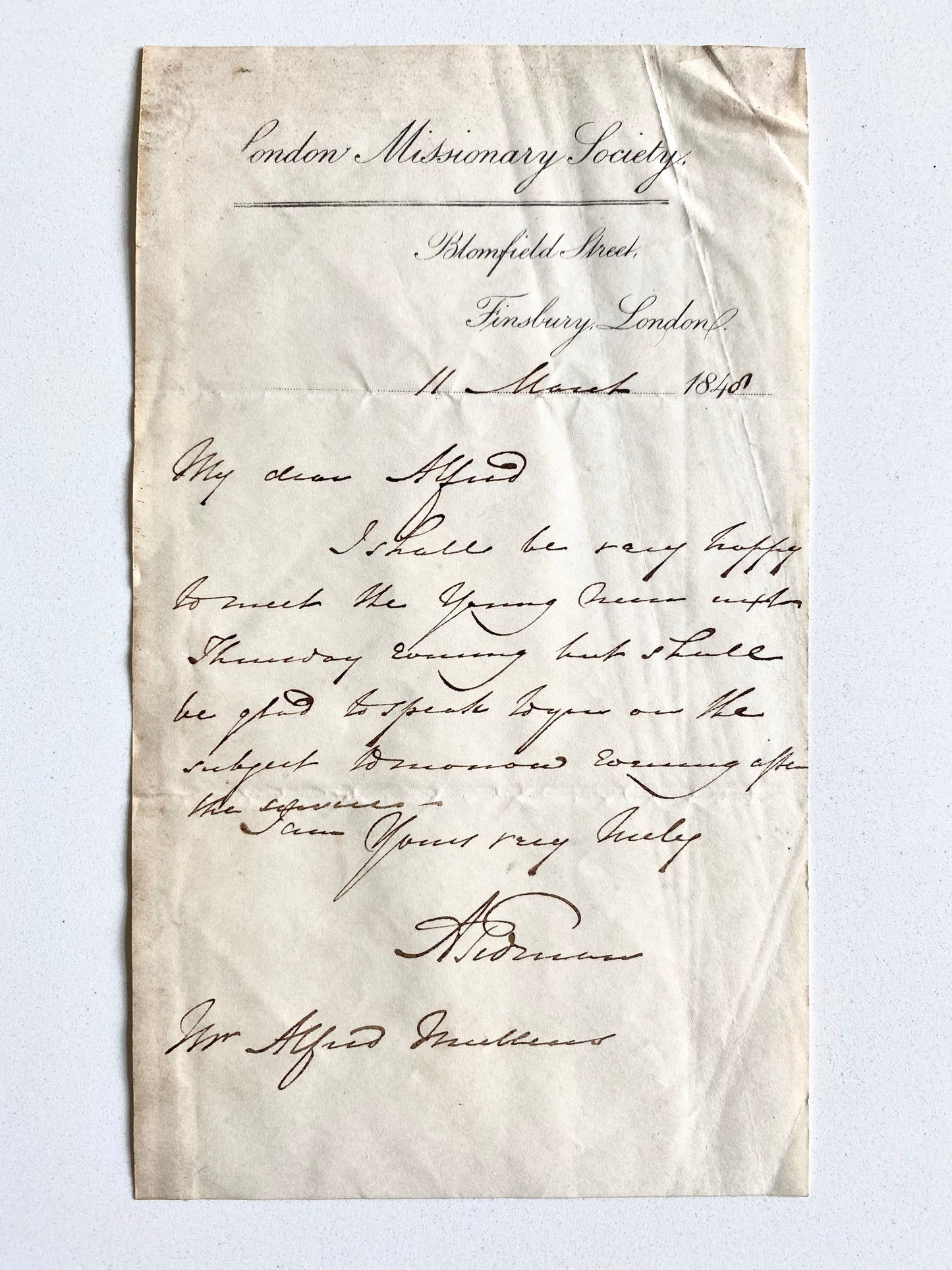 1848 LONDON MISSIONARY SOCIETY. Letter from Arthur Tidman Regarding a New Applicant for Missionary Work