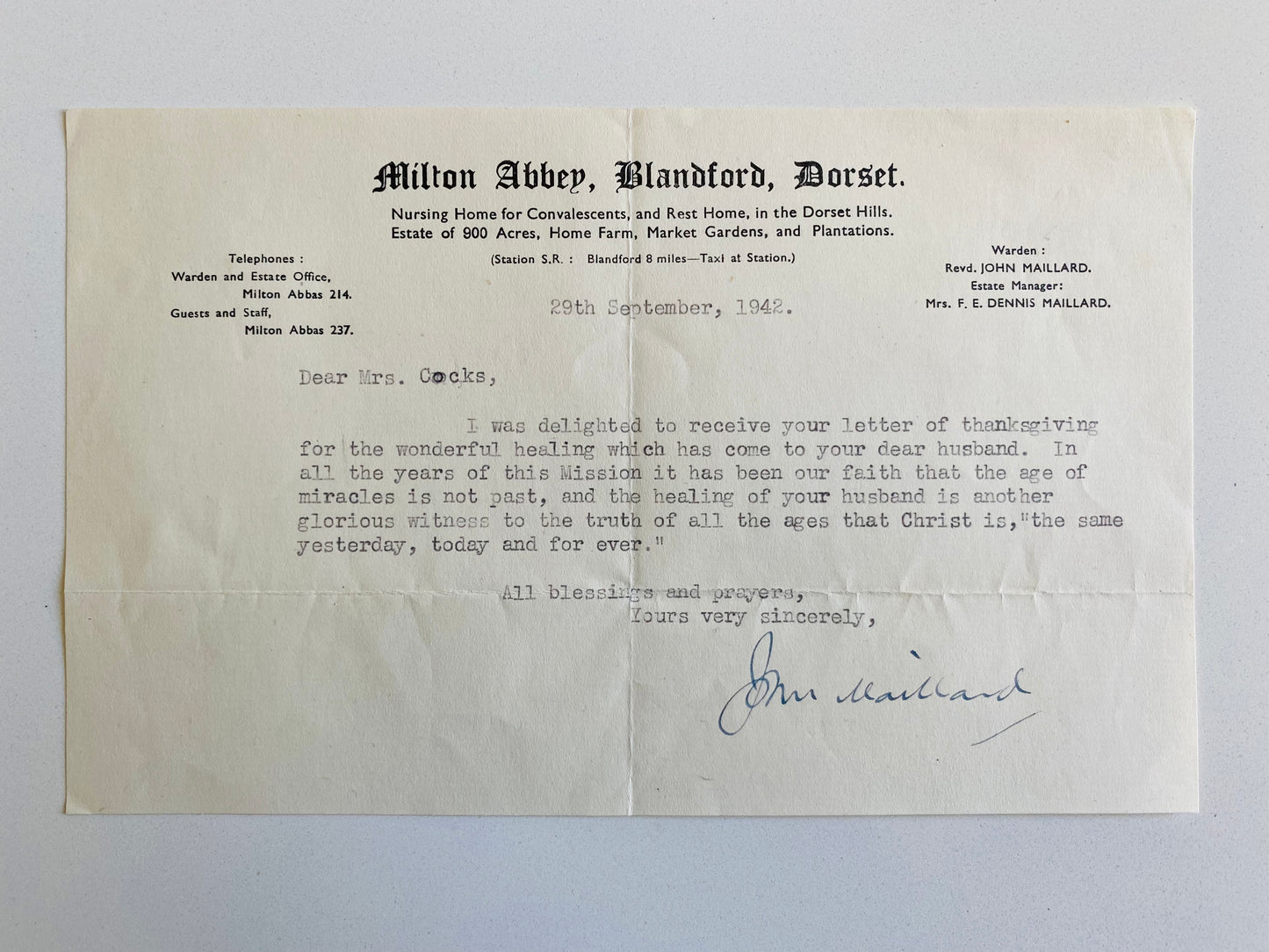 1942 JOHN MAILLARD. Important Series of Letters on Divine Healing from Anglican Faith Healer