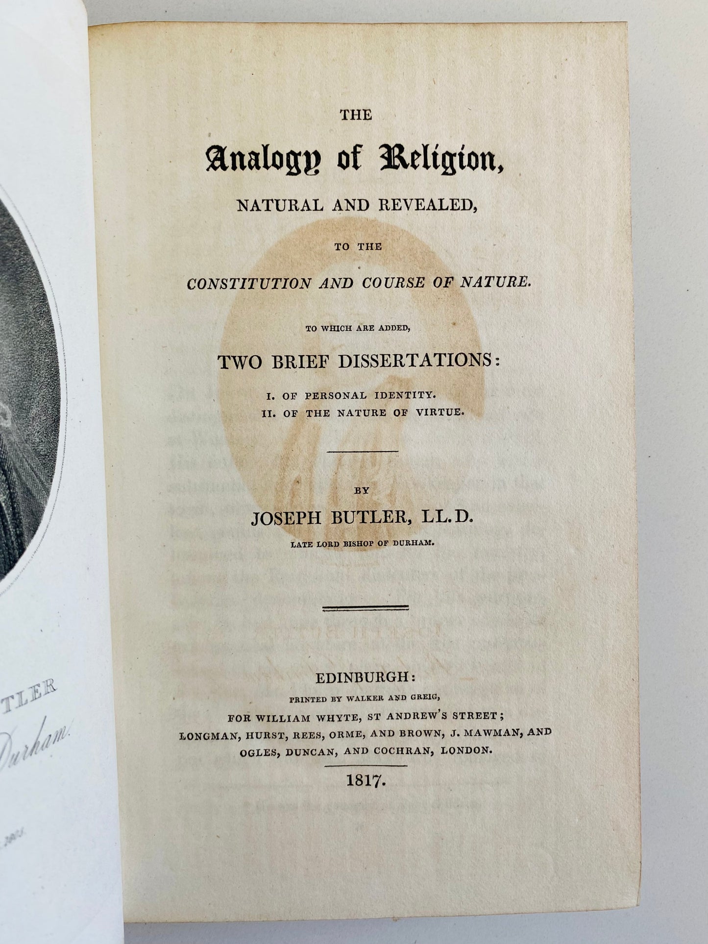 1817 JOSEPH BUTLER. The Analogy of Religion, Natural and Revealed. Apologetics and Epistemology.