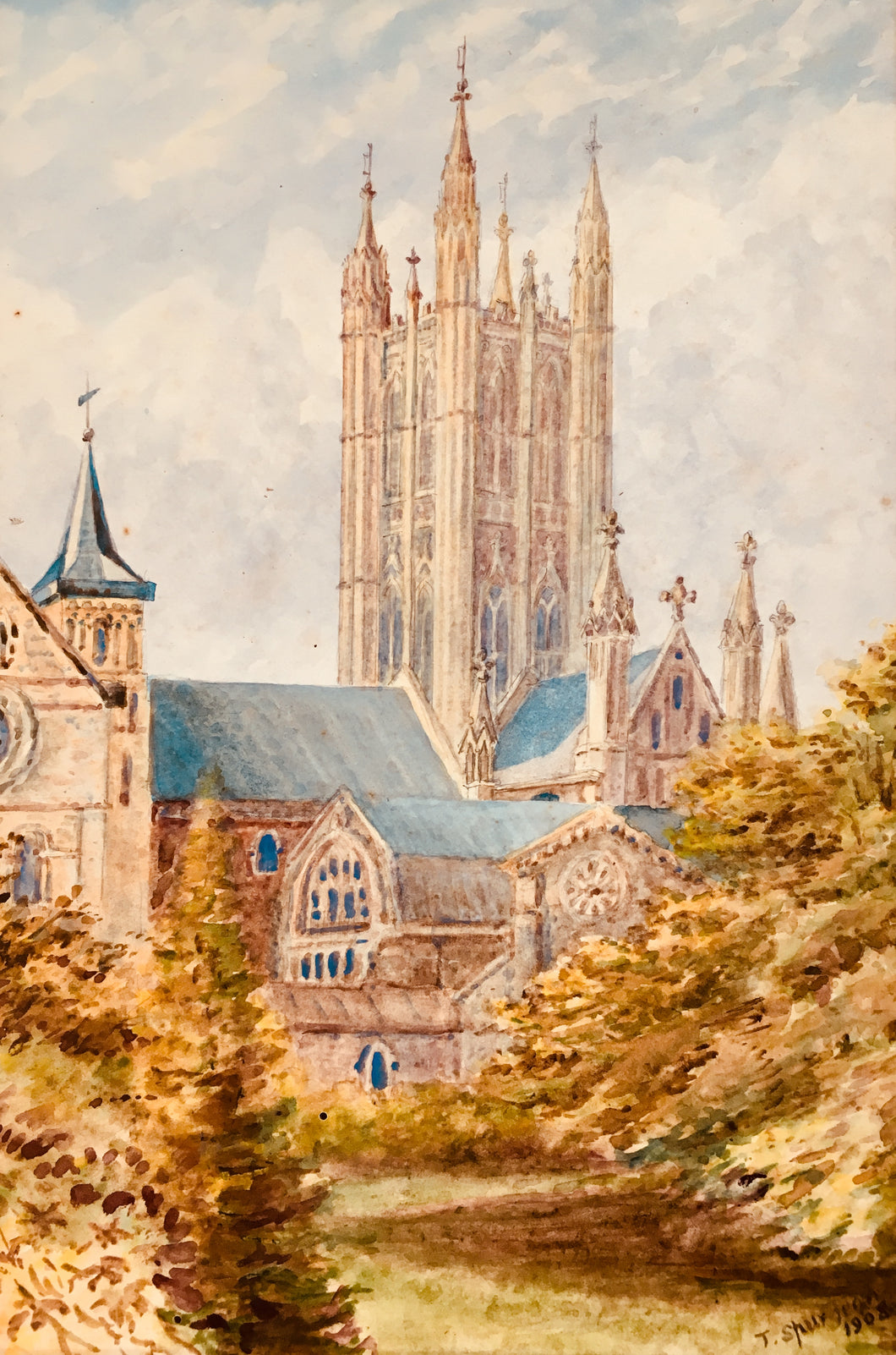 1908 THOMAS SPURGEON. Original Victorian Watercolor of English Cathedral