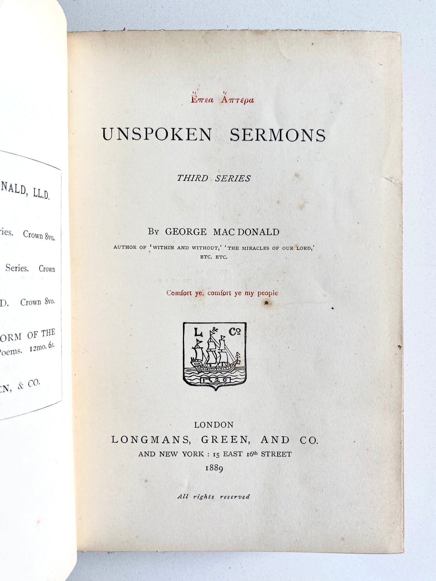 1889 GEORGE MACDONALD. Unspoken Sermons. Third Series. Very Good First Edition