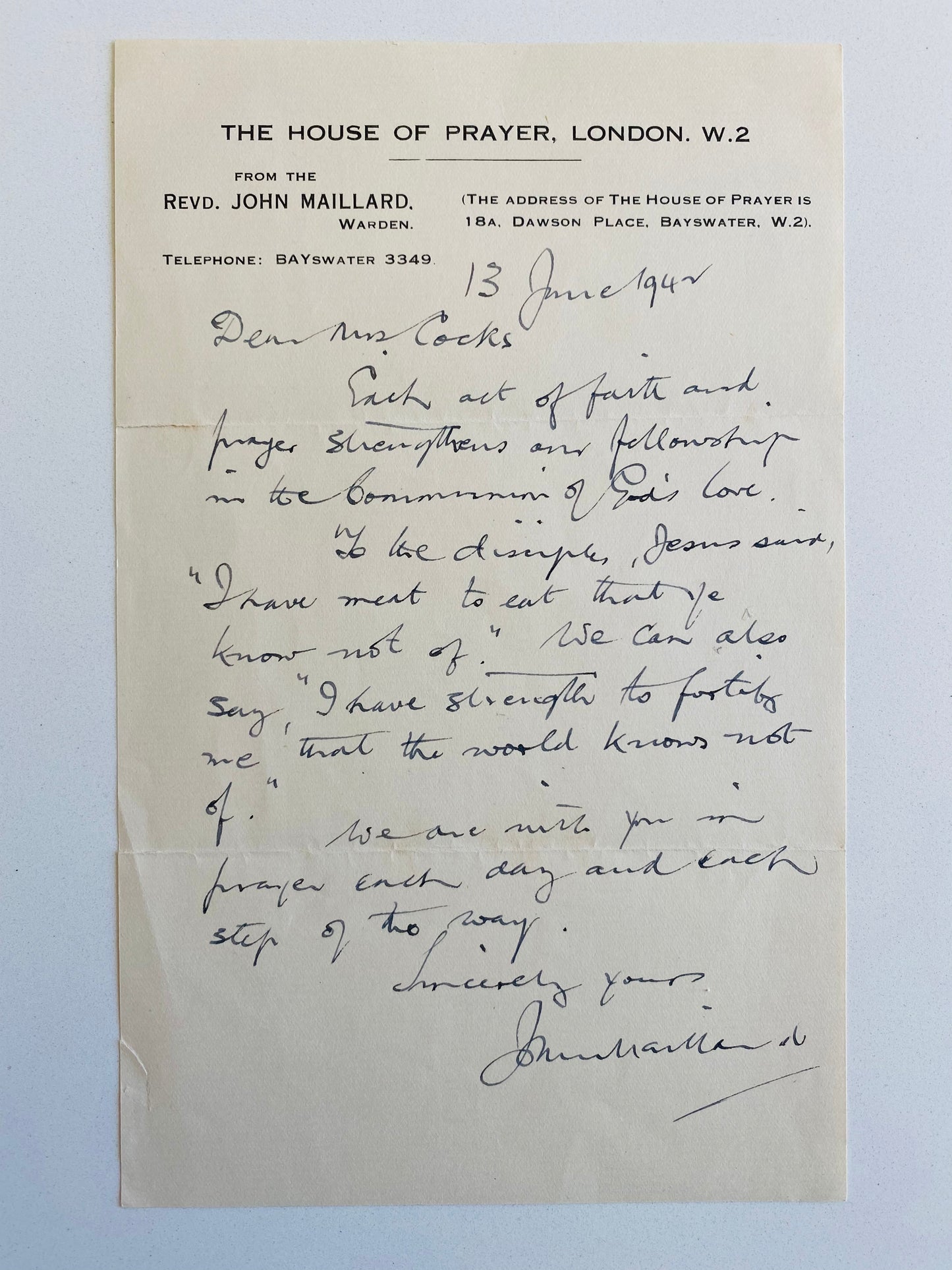 1942 JOHN MAILLARD. Important Series of Letters on Divine Healing from Anglican Faith Healer