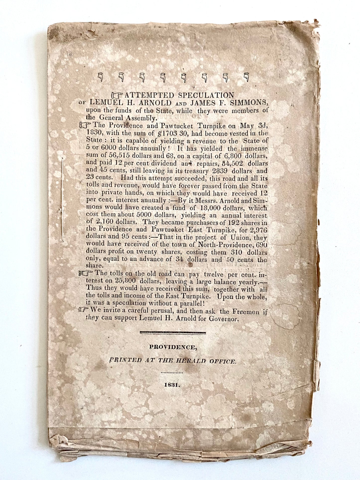 1830 RHODE ISLAND. Rare Pamphlet Accusing Governor Lemuel H. Arnold & Representative Simmons of Insider Trading.