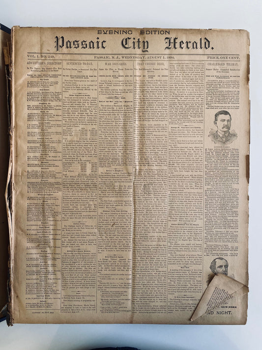 1894 PASSAIC CITY HERALD. Massive Elephant Folio. 180 Issues, 1400 Pages. Lynching, China, Japan, Anarchists, &c.