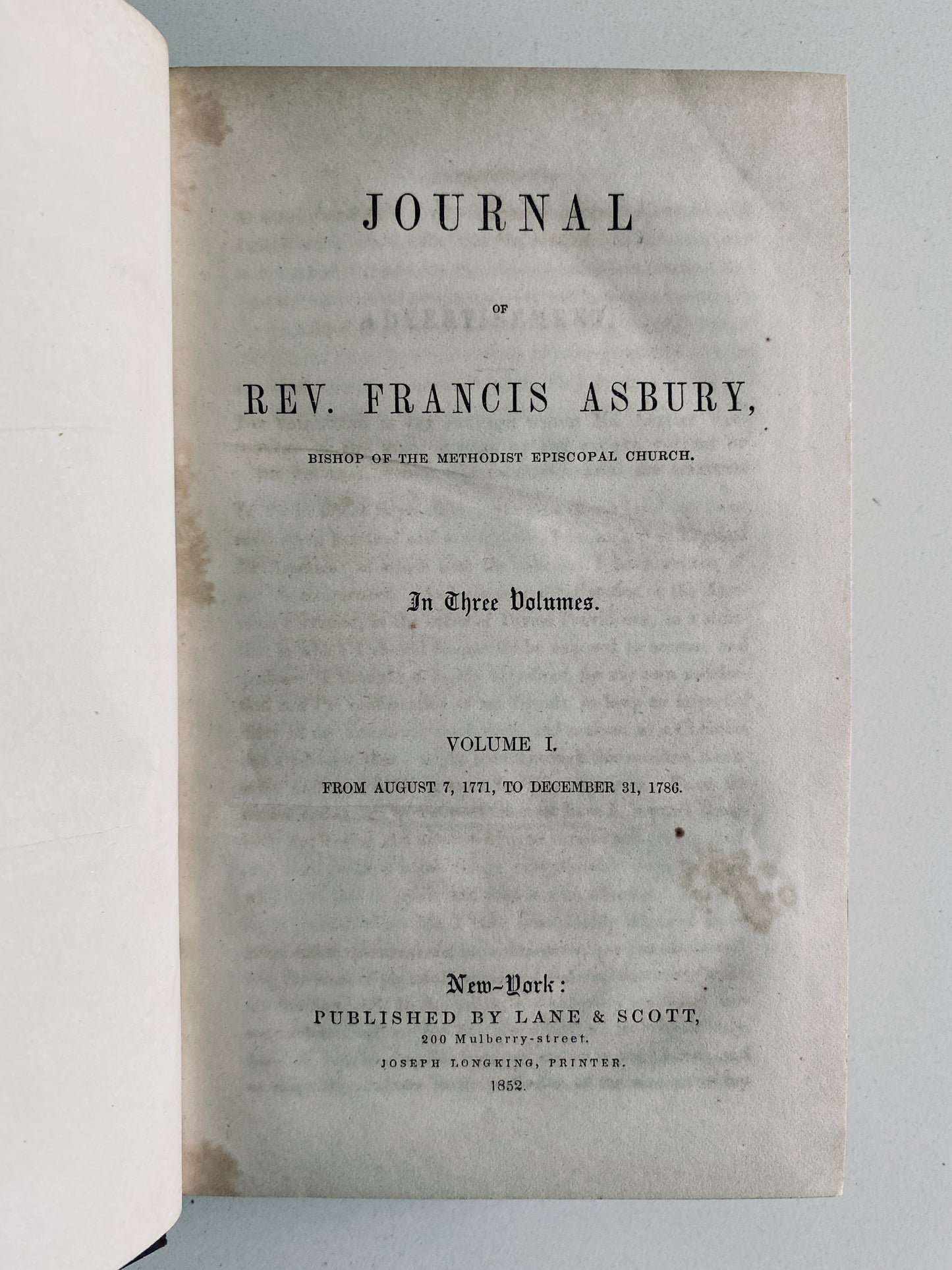 1852 FRANCIS ASBURY. The Journal of the Rev. Francis Asbury. Very Crisp, Clean Set. Classic Methodist