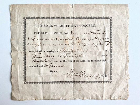 1778 WILLIAM ROGERS. Marriage Certificate by Baptist Chaplain in American Revolutionary War.