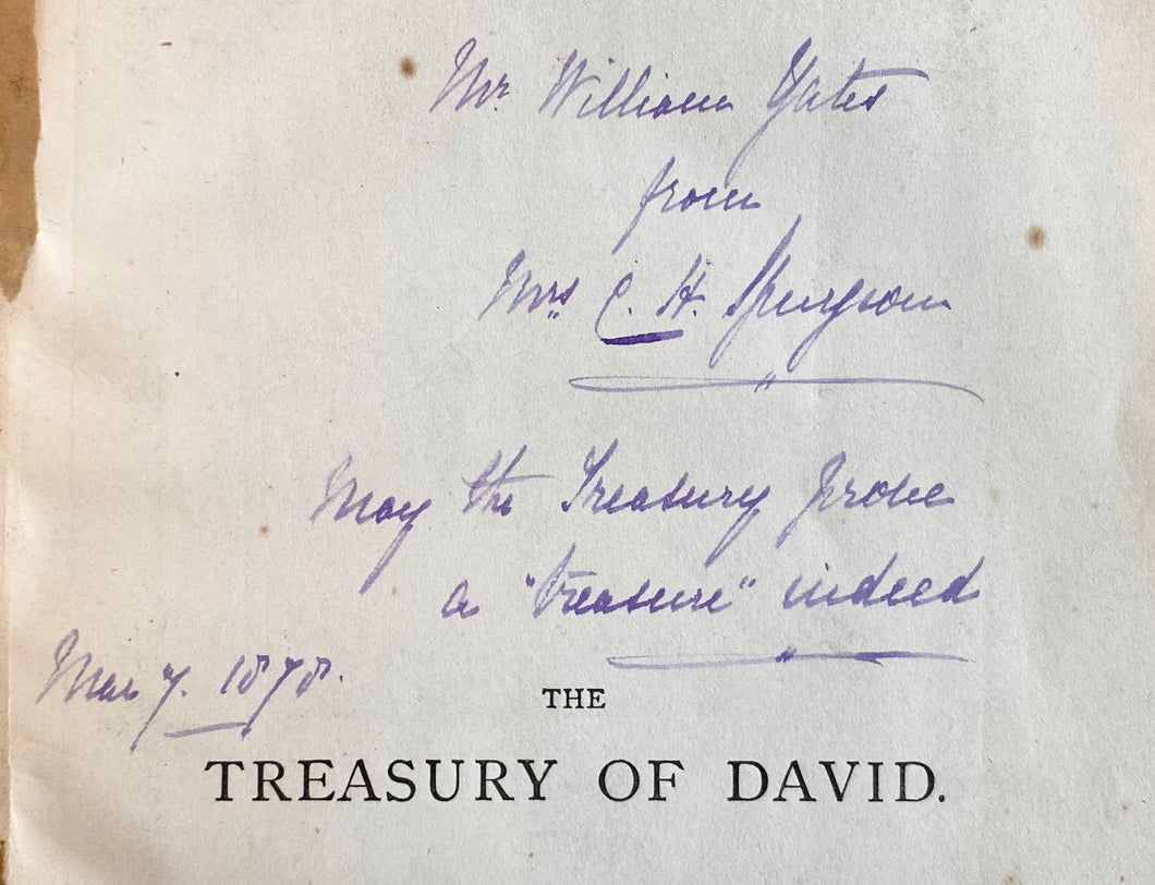 1877 C. H. SPURGEON. The Treasury of David [Vol IV]. Beautifully Inscribed by Mrs. C. H. Spurgeon