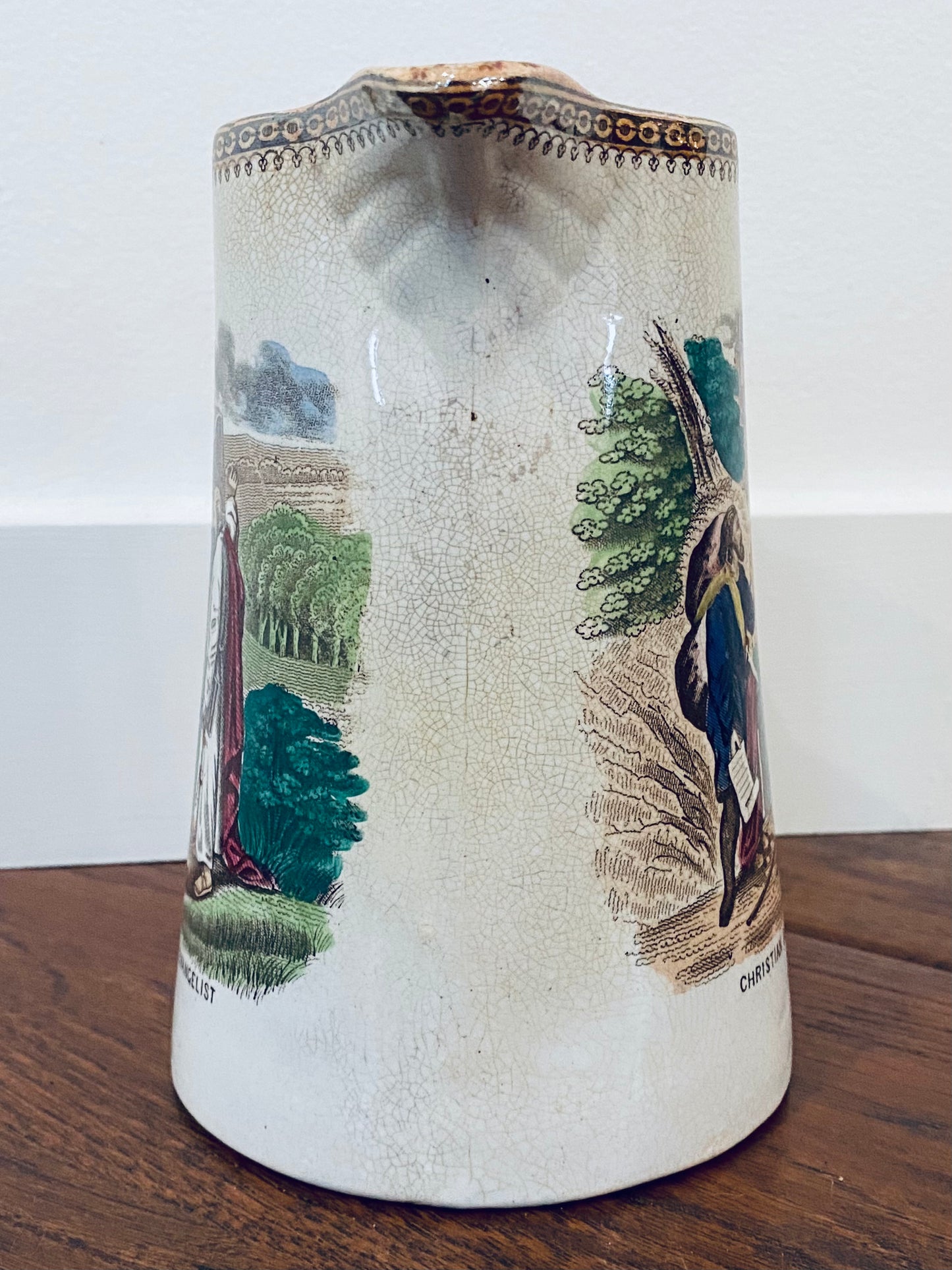 1850 JOHN BUNYAN. Charming "Book Style" Transferware Pilgrim's Progress Pitcher.