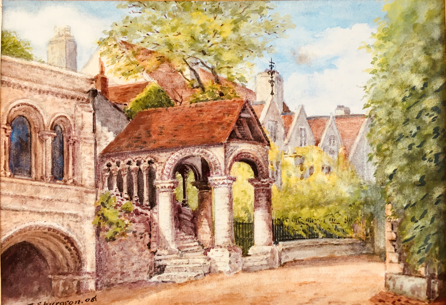 1906 THOMAS SPURGEON. Victorian Watercolor of a Gothic Cathedral and Courtyard