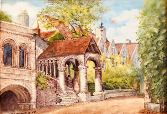 1906 THOMAS SPURGEON. Victorian Watercolor of a Gothic Cathedral and Courtyard