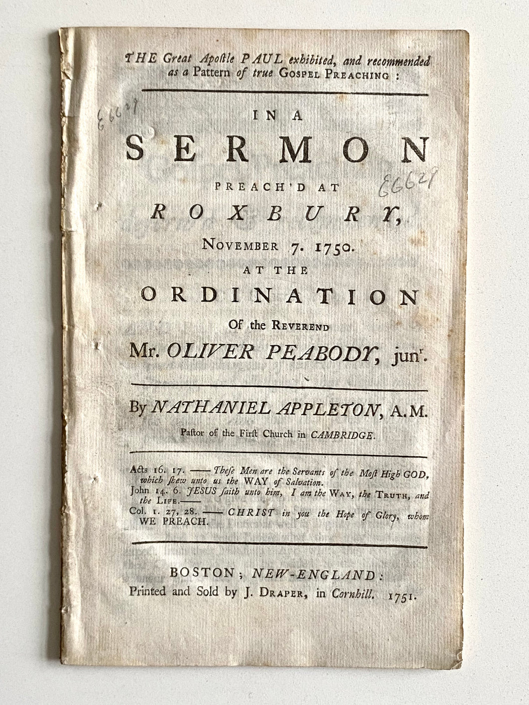 1751 OLIVER PEABODY. The Apostle Paul a Pattern of True Gospel Preaching. Natick Indian MIssionary.