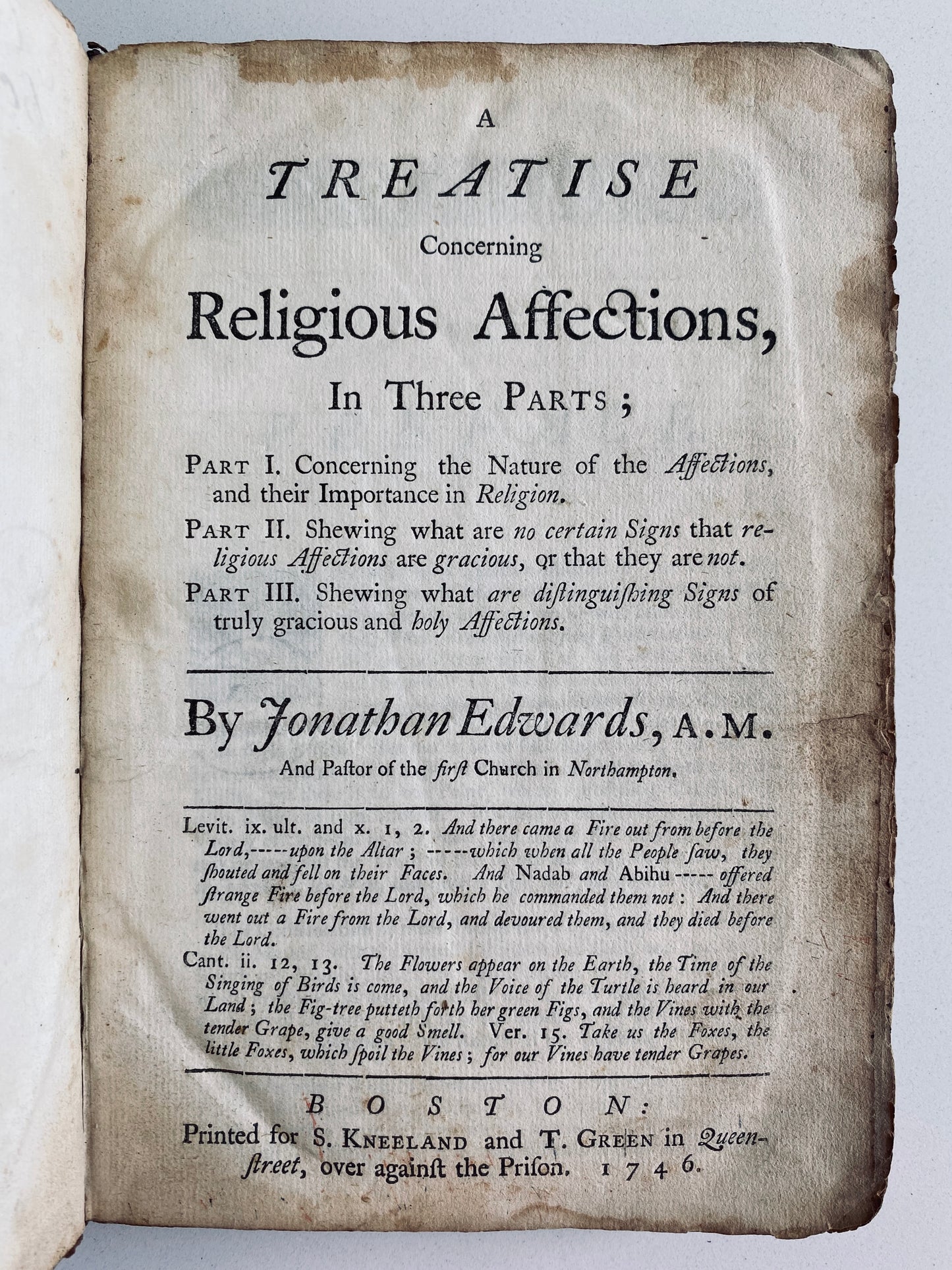 1746 JONATHAN EDWARDS. Religious Affections. First Edition of Significant Great Awakening Text w/ Fascinating Provenance