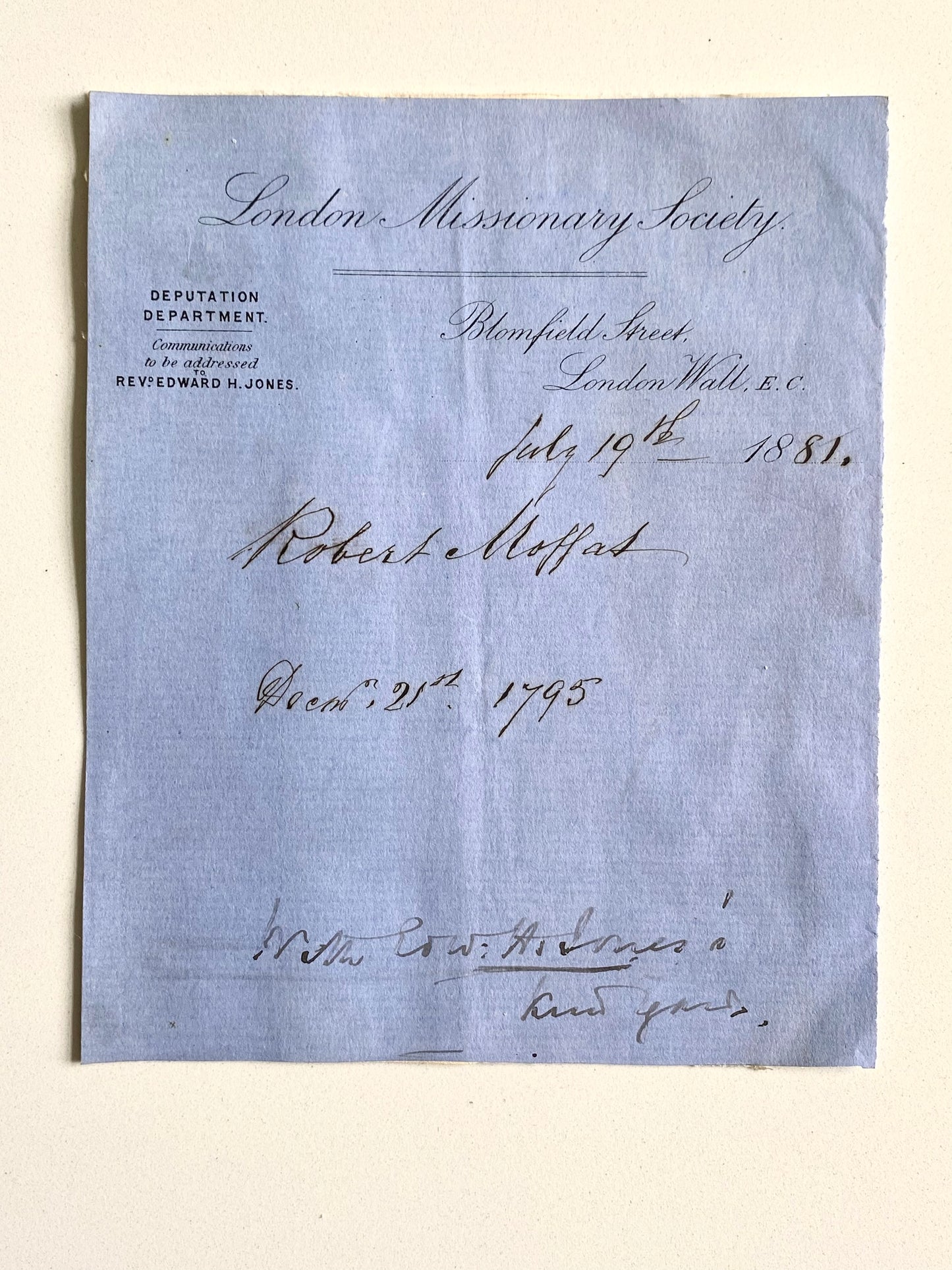 1881 ROBERT MOFFAT. Wonderful Autograph of Pioneer African Missionary on LMS Letterhead.