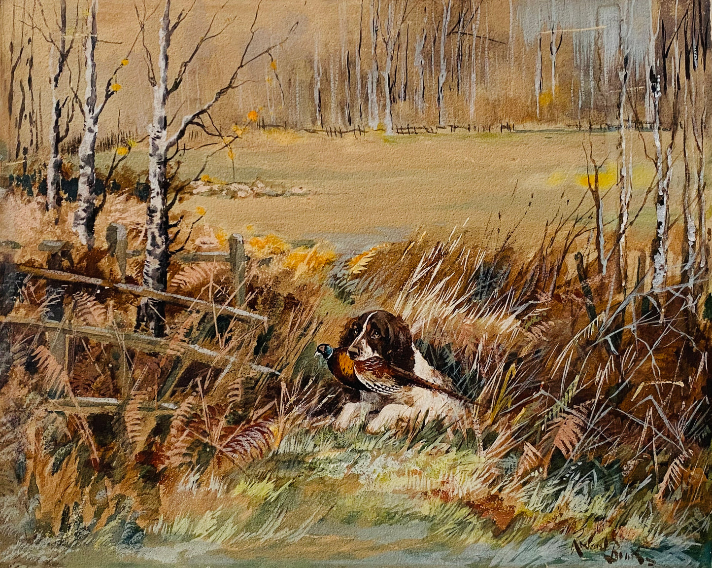 1920 REUBEN WARD BINKS. Superb Springer Spaniel Hunting Pheasant Original Painting.