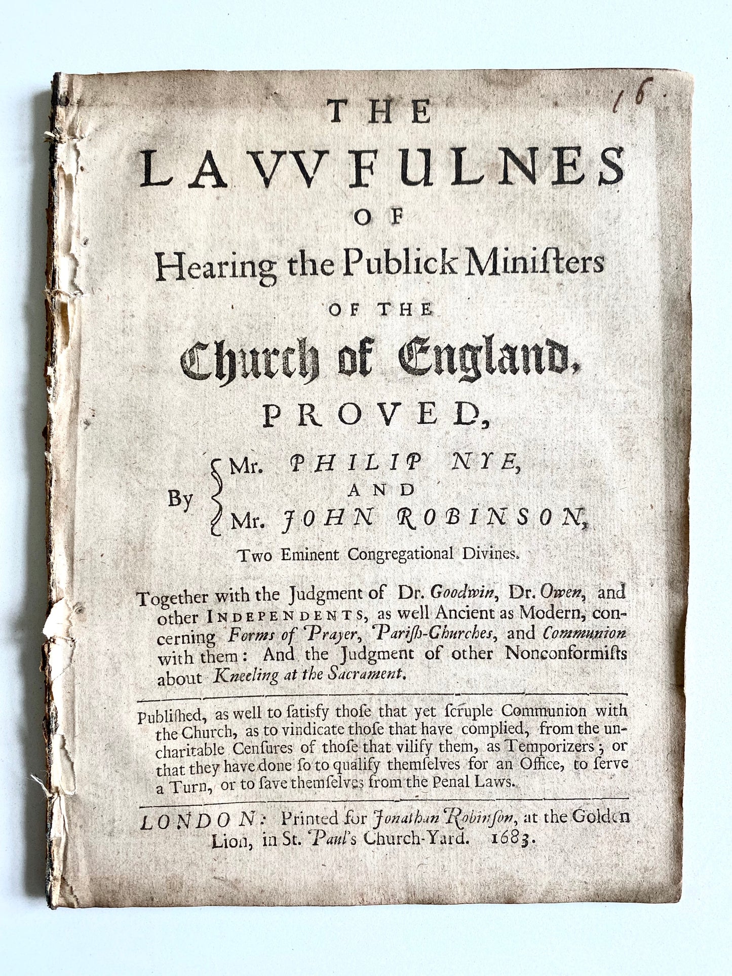 1683 JOHN ROBINSON. Rare Father of the Pilgrims on the Importance of Religious Toleration and Liberality!