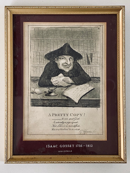 1800 ISAAC GOSSET. Rare Satirical Engraving of an Obsessed Bibliophile. Superb!