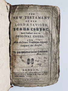 1699 THE NEW TESTAMENT. King James with Early American, Whaley Provenance