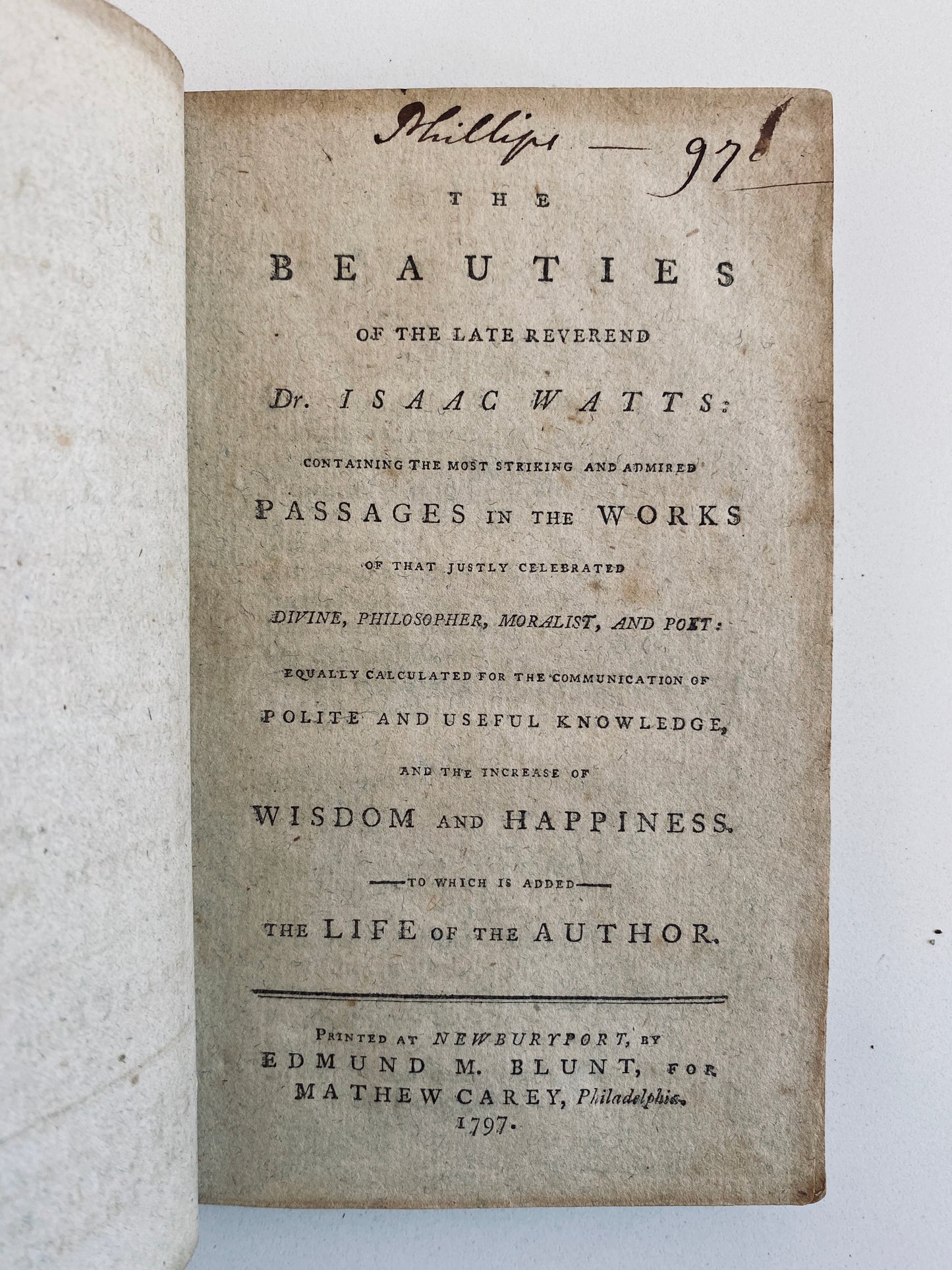 1797 ISAAC WATTS. Beauties of Isaac Watts. Mathew Carey - American Imprint