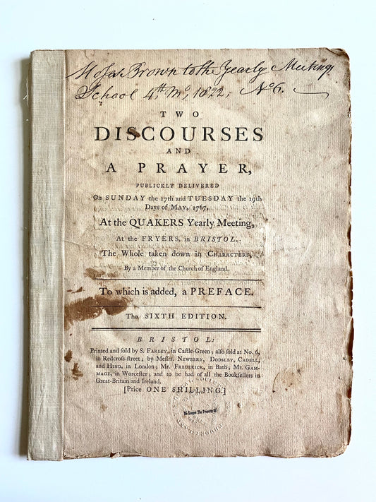 1767 SAMUEL FOTHERGILL. Two Discourses and a Prayer. Signed by Important Quaker Abolitionist!