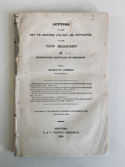 1828 ASAHEL NETTLETON. Letters on New Measure Revivals of Charles Finney, etc. Very Rare