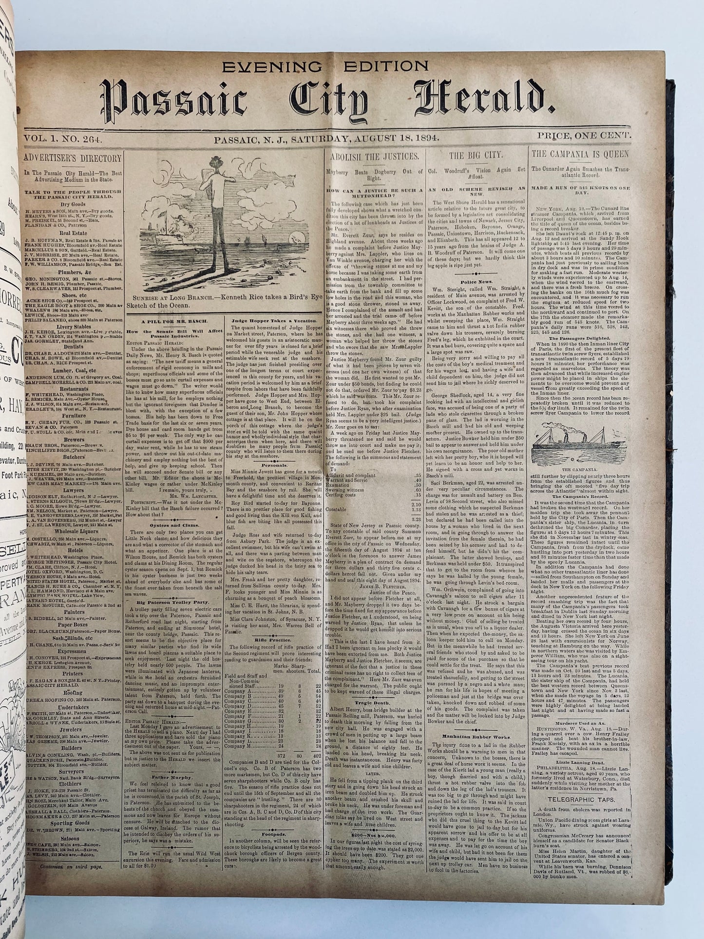 1894 PASSAIC CITY HERALD. Massive Elephant Folio. 180 Issues, 1400 Pages. Lynching, China, Japan, Anarchists, &c.