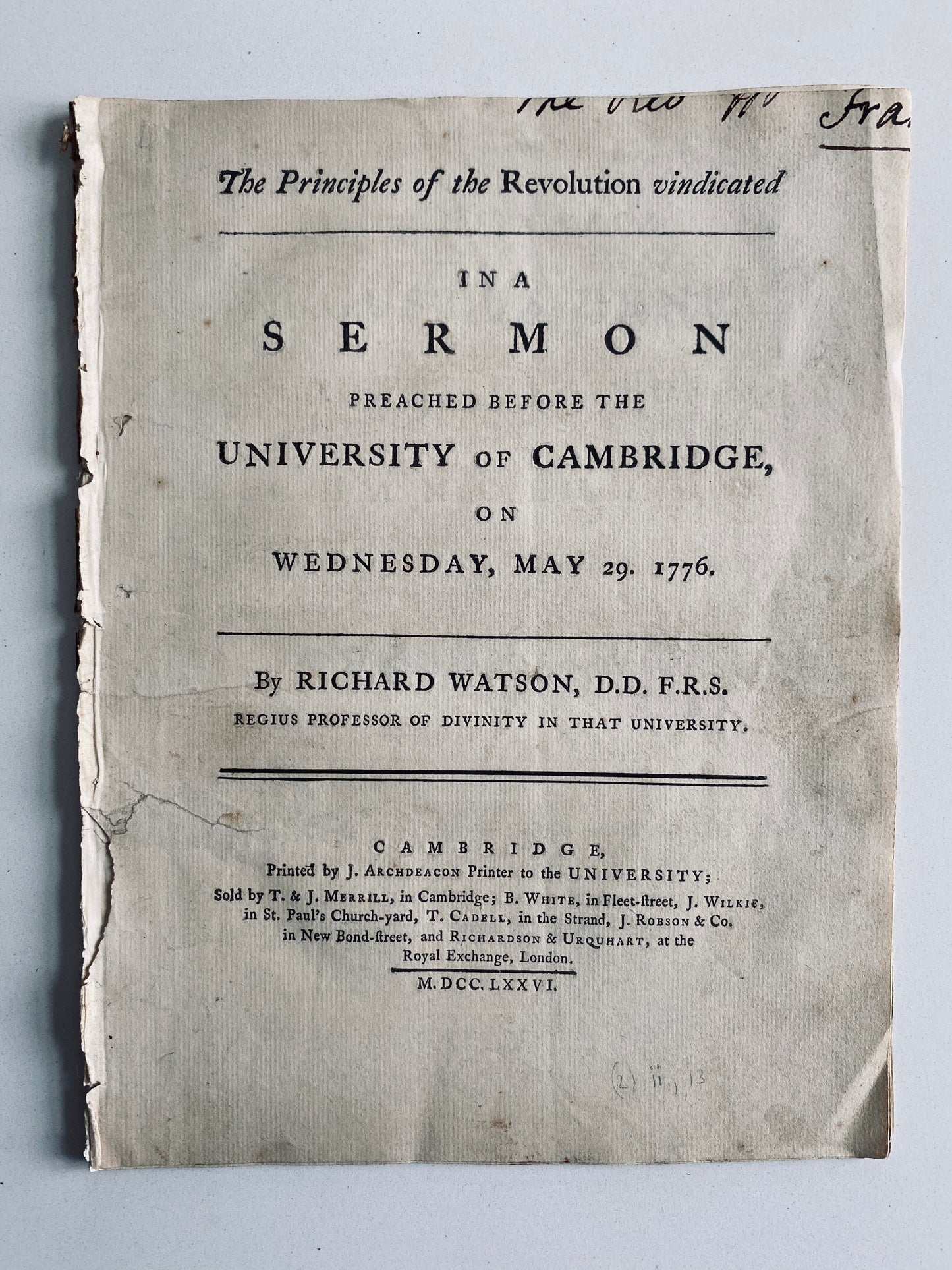 1776 RICHARD WATSON An Essay on Civil Liberty; Or, The Principles of Revolution Vindicated.