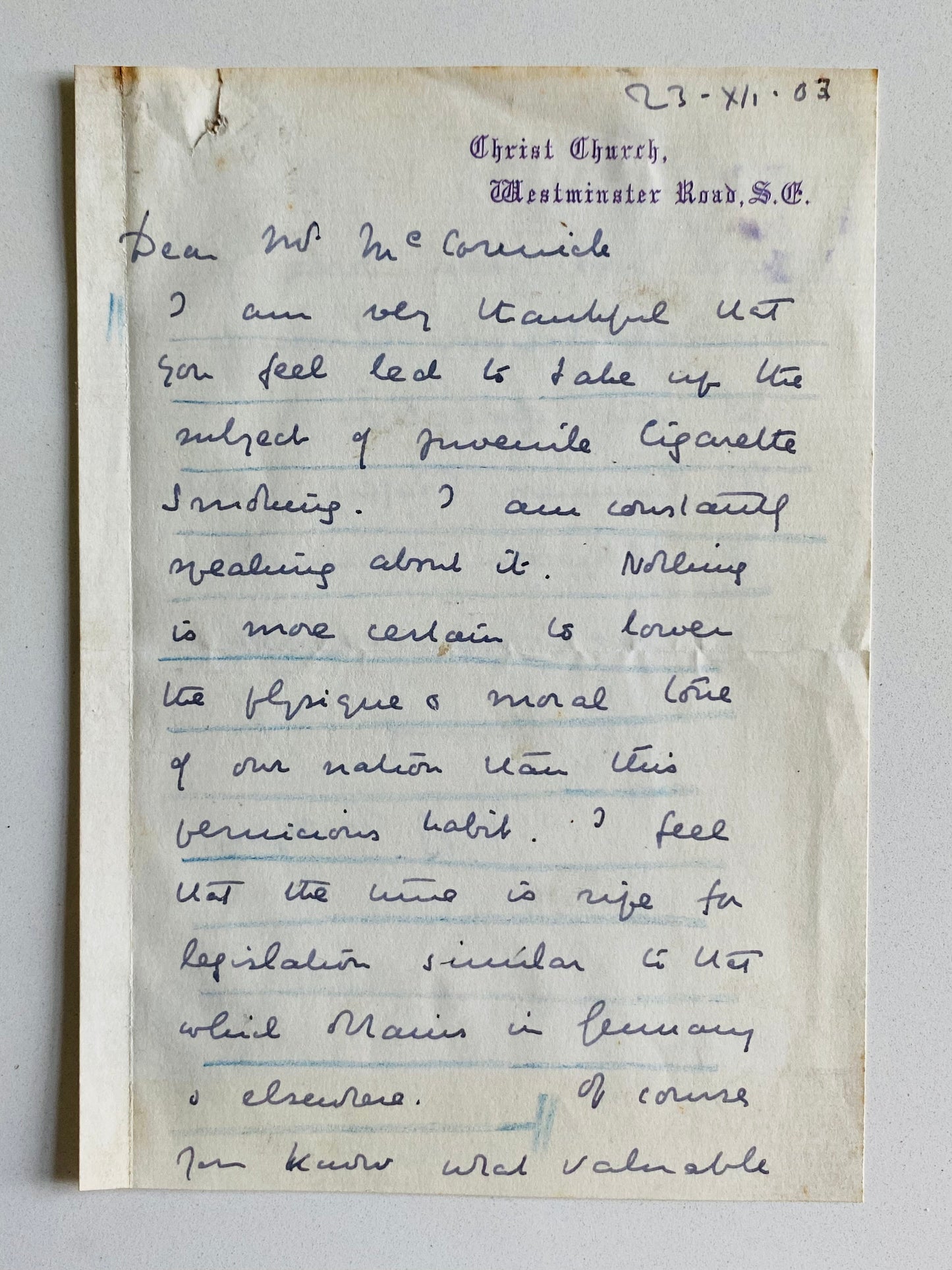 1903 F. B. MEYER. Superb Letter "Squealing About" Juvenile Smoking, &c.