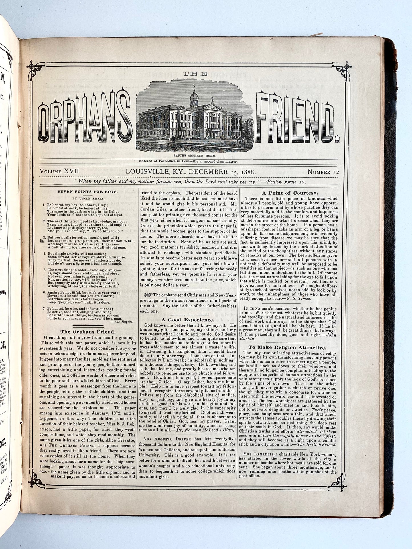 1887-1889. THE ORPHAN'S FRIEND. Kentucky Mission to Civil War Orphans. Rare.