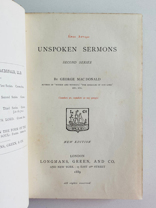 1889 GEORGE MACDONALD. Unspoken Sermons. Second Series. Nice Vintage Edition.