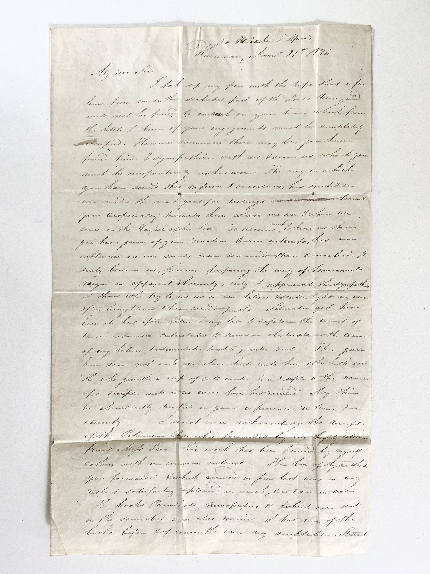 1836 ROBERT MOFFAT. Outstanding Early and Extensive Letter by Missionary Pioneer!