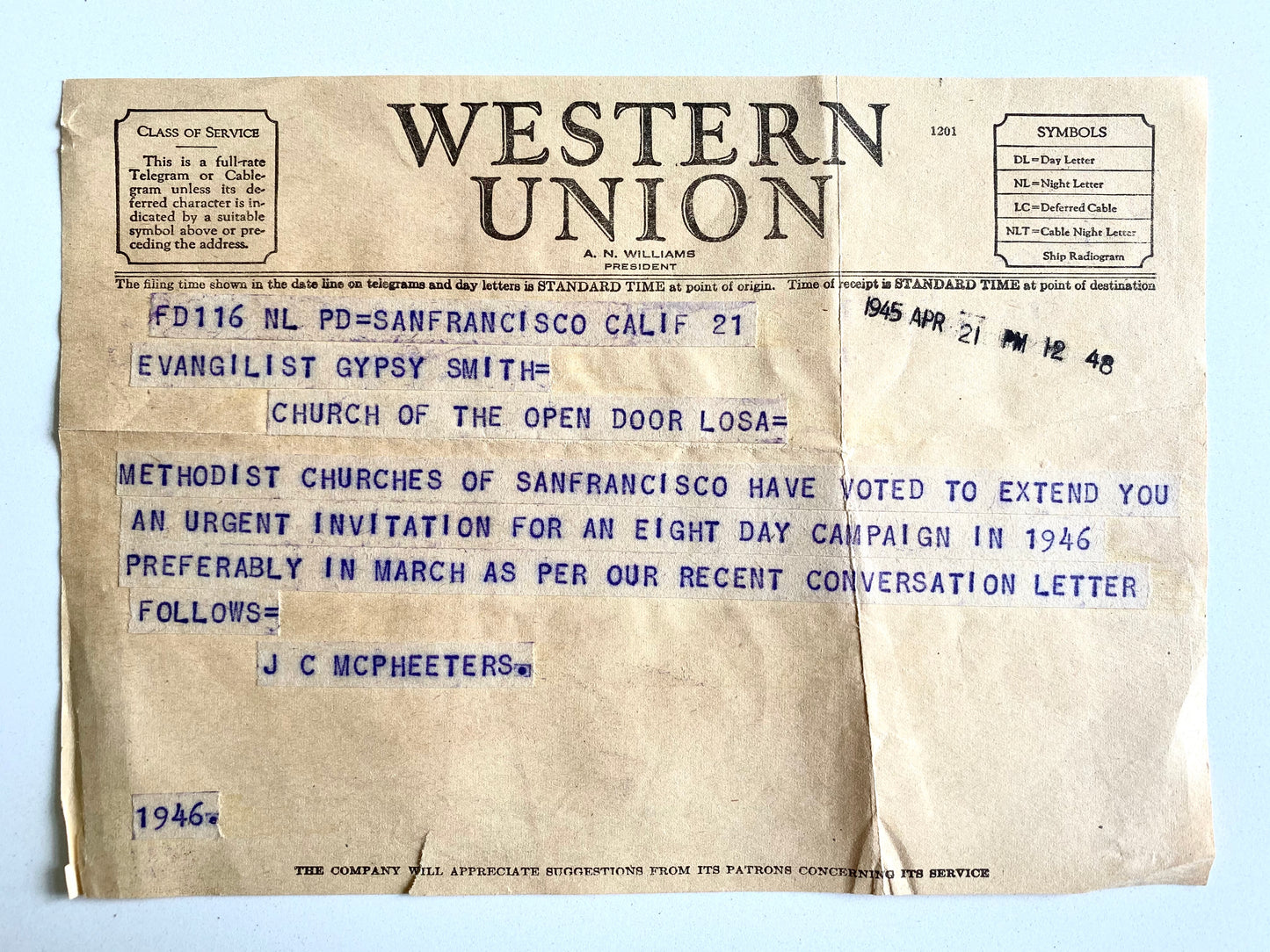 1946 GIPSY SMITH. Pair of Two Telegrams Inviting Him to Preach Evangelistic Campaigns in Texas and California