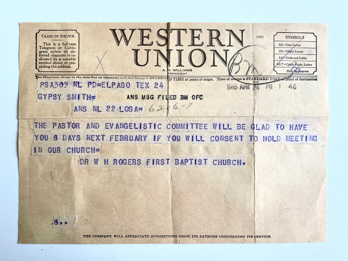 1946 GIPSY SMITH. Pair of Two Telegrams Inviting Him to Preach Evangelistic Campaigns in Texas and California