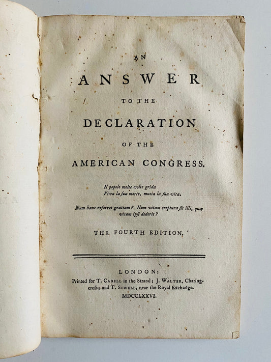 1776 JOHN LIND. Point by Point Attack on the American Declaration of Independence.