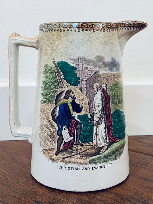 1850 JOHN BUNYAN. Charming "Book Style" Transferware Pilgrim's Progress Pitcher.