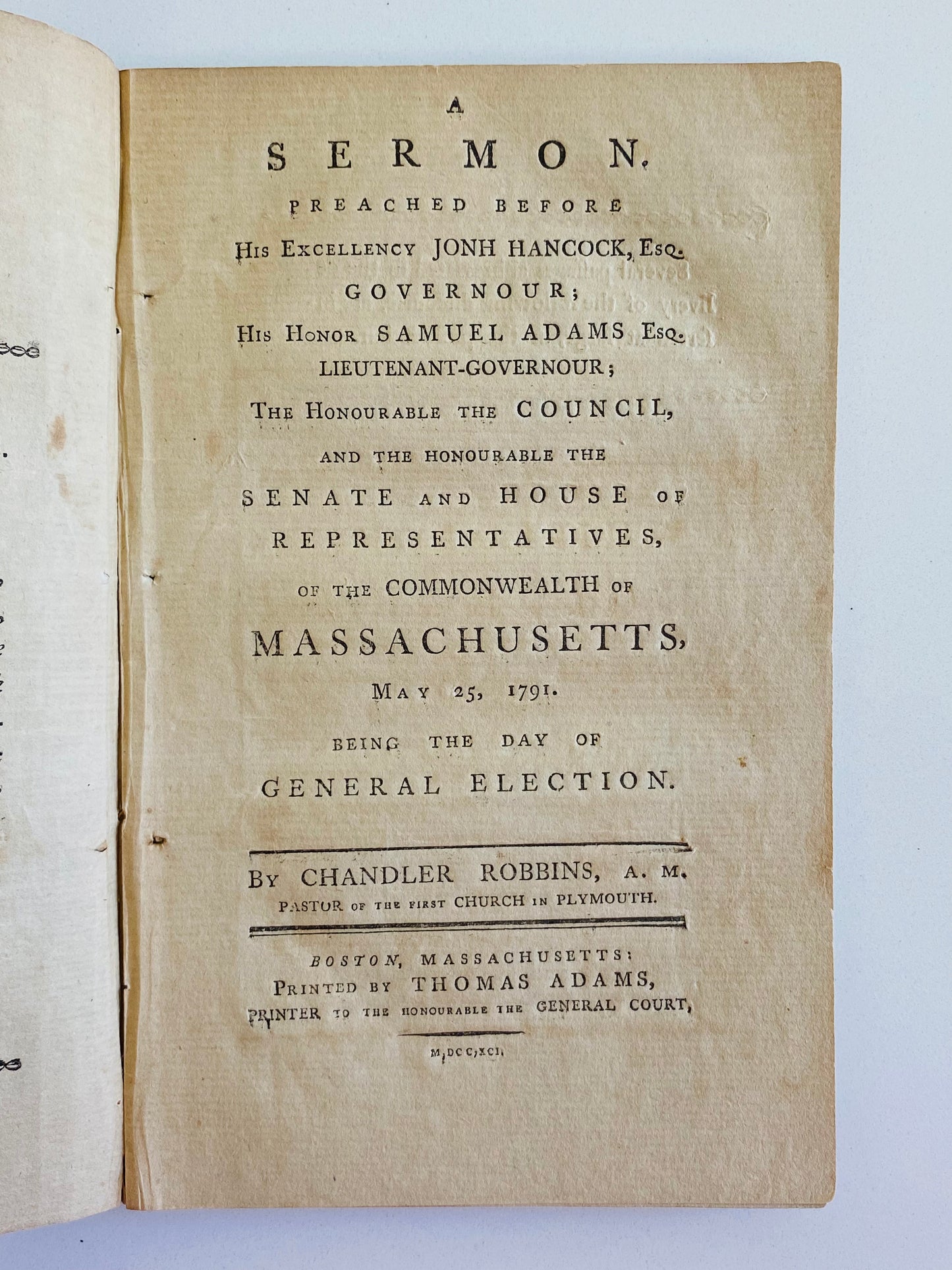 1791 CHANDLER ROBBINS. Sermon on God's Blessing and Favor on America Preached before John Hancock.