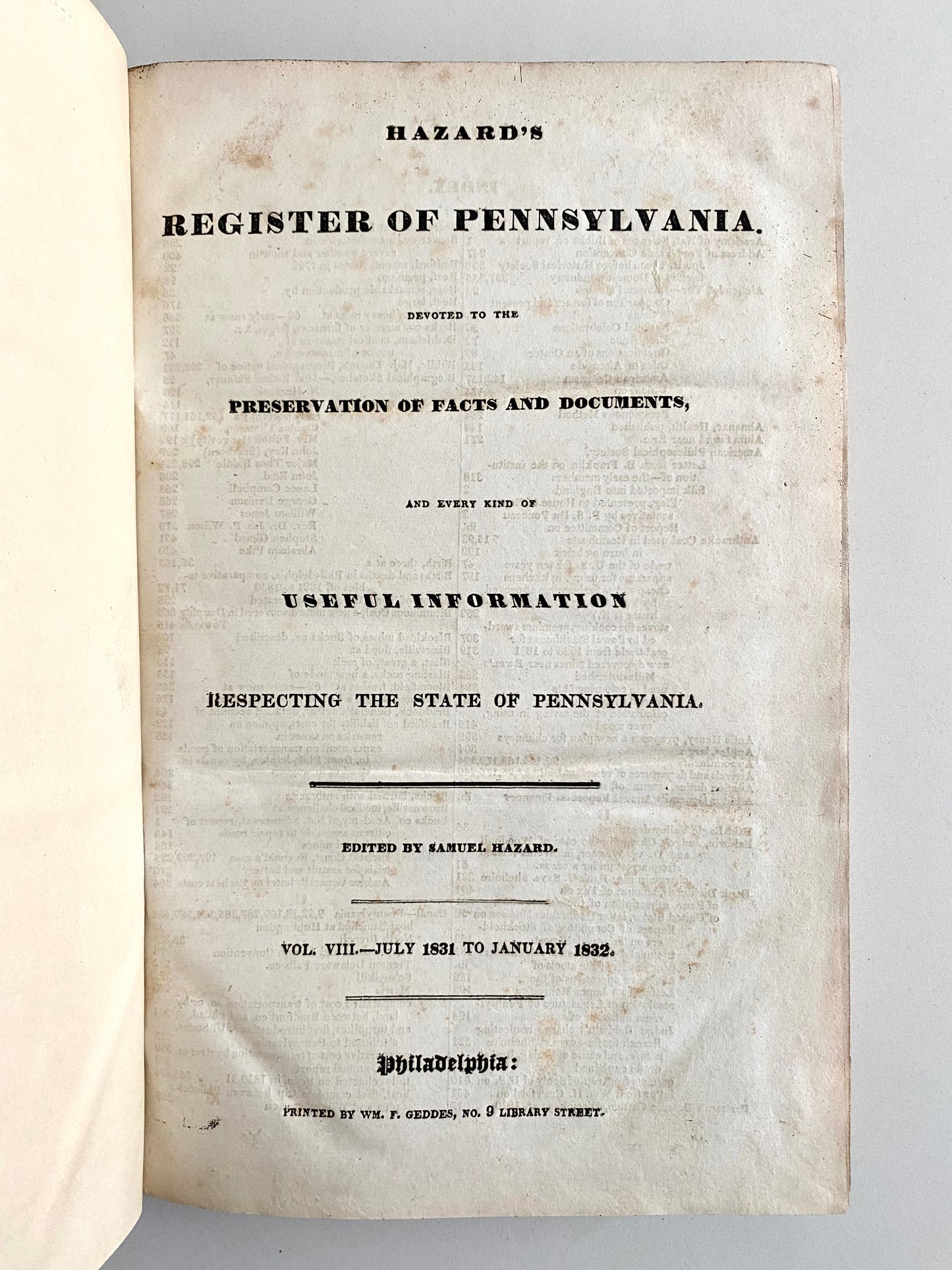 1832 PENNSYLVANIA REGISTER. Slavery, Emigration, William Penn, Colored Persons, Free Trade, &c