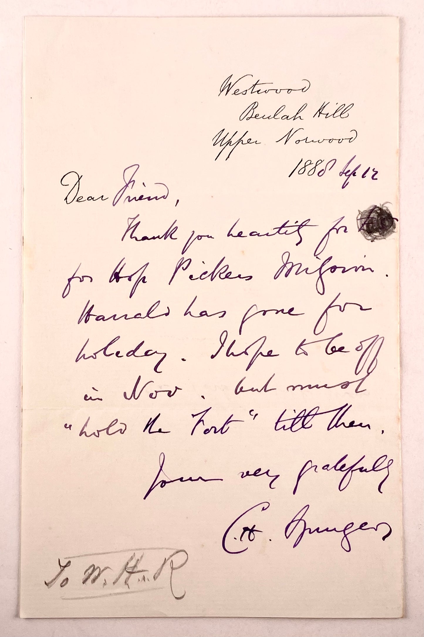 1888 C. H. SPURGEON. Autograph Letter Regarding the Hop Picker's Union and Quoting "Hold the Fort."