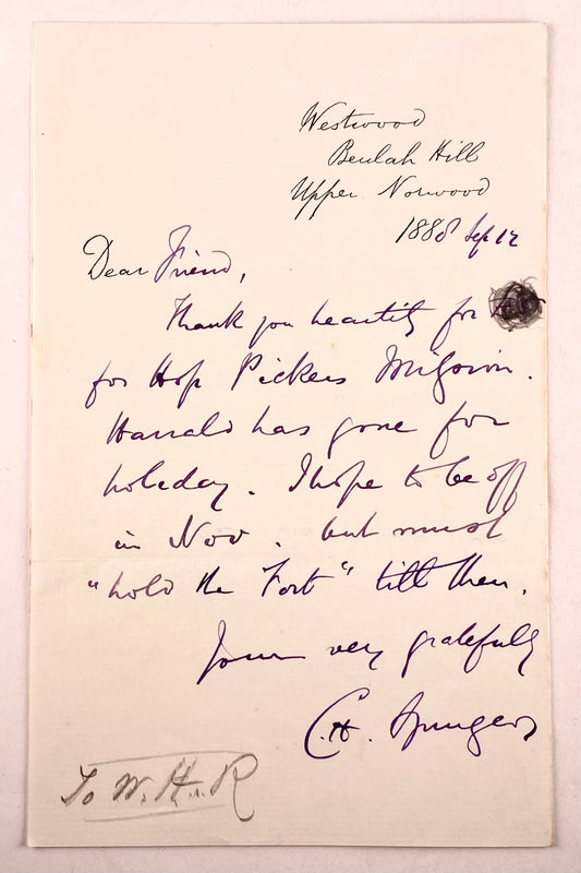 1888 C. H. SPURGEON. Autograph Letter Regarding the Hop Picker's Union and Quoting "Hold the Fort."