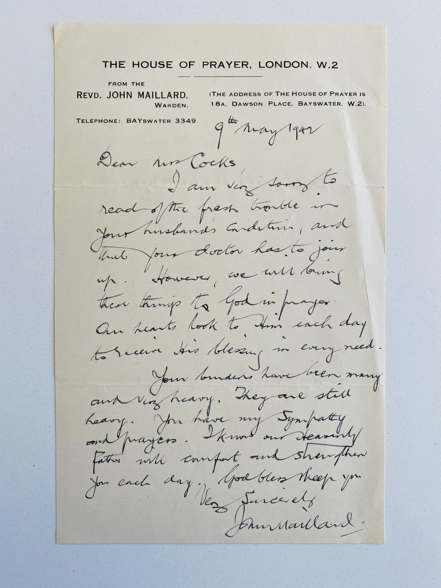 1942 JOHN MAILLARD. Important Series of Letters on Divine Healing from Anglican Faith Healer