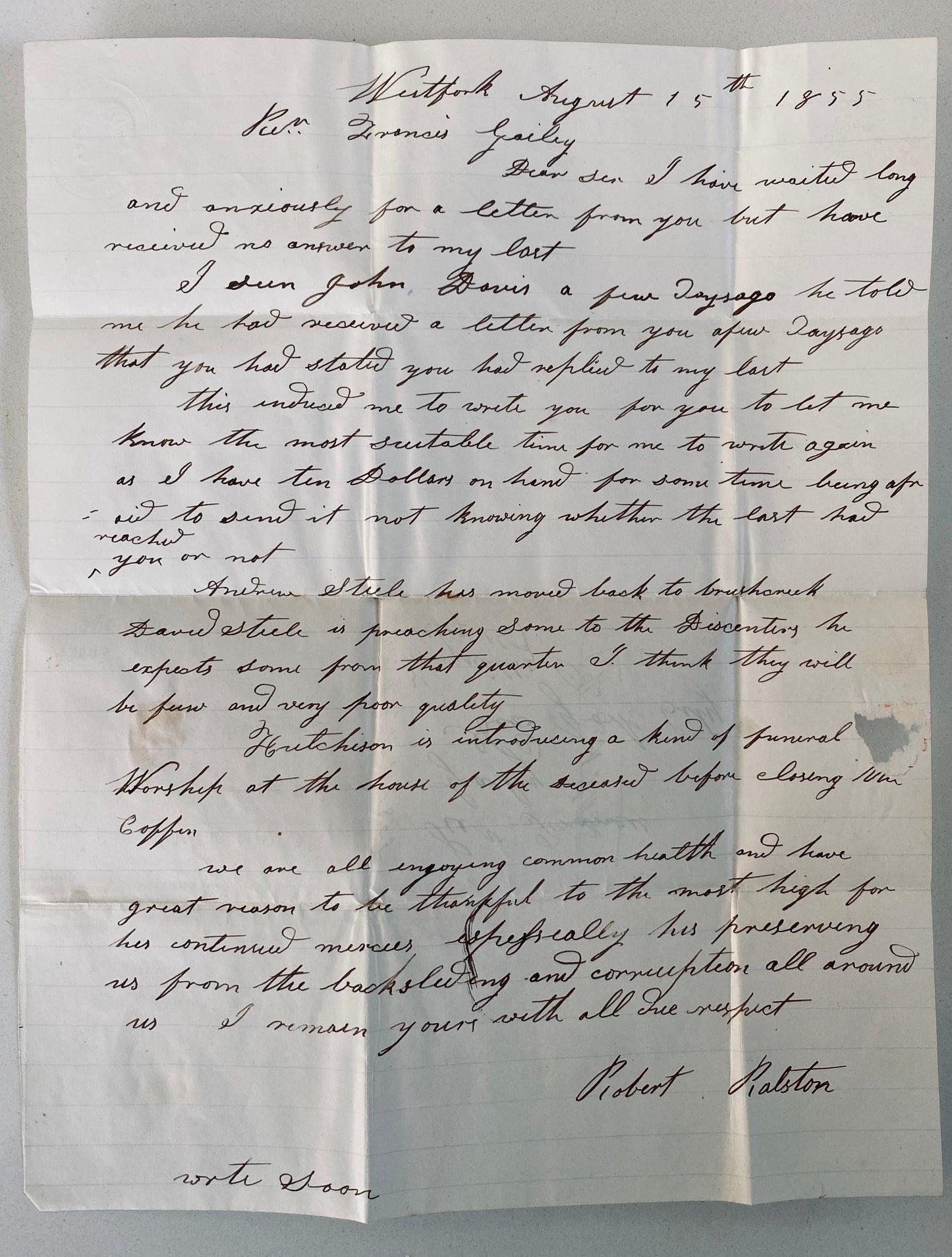 1855 ROBERT RALSTON. Rare "Steelite" Related Presbyterian Covenanter Letter.