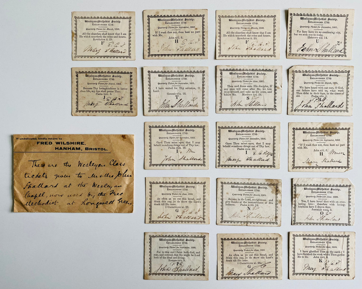 1850's 17 WESLEYAN METHODIST QUARTERLY TICKETS. Friend of Methodist Hymnist, Victory Purdy.