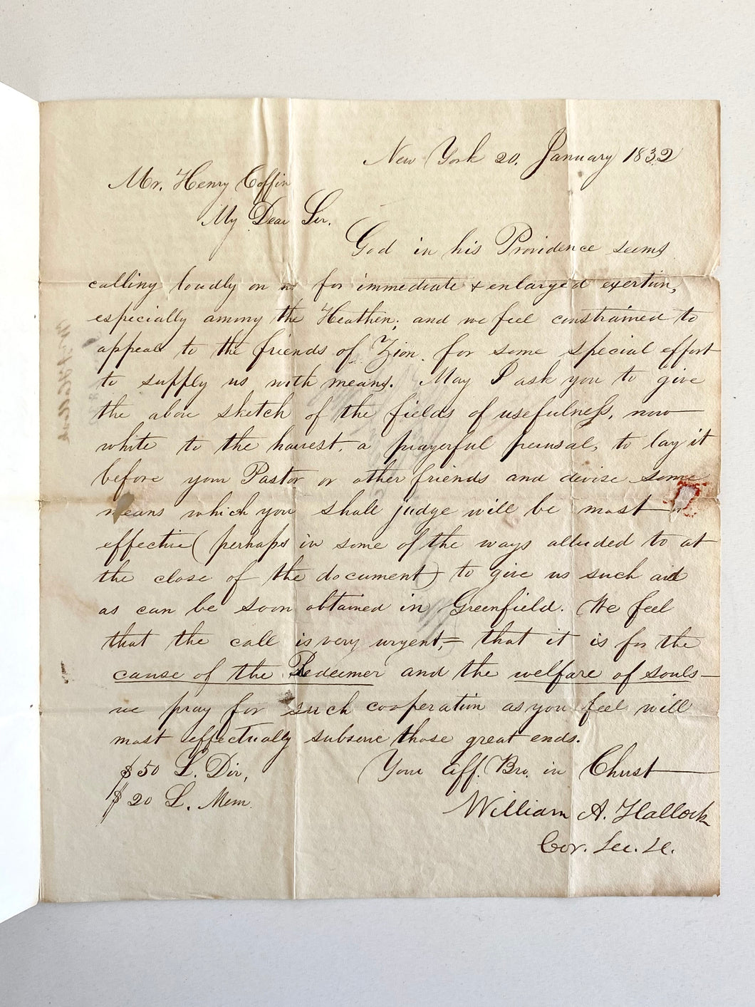 1832 WILLIAM A. HALLOCK. Rare Circular & Autograph Letter by Founder of the American Tract Society.