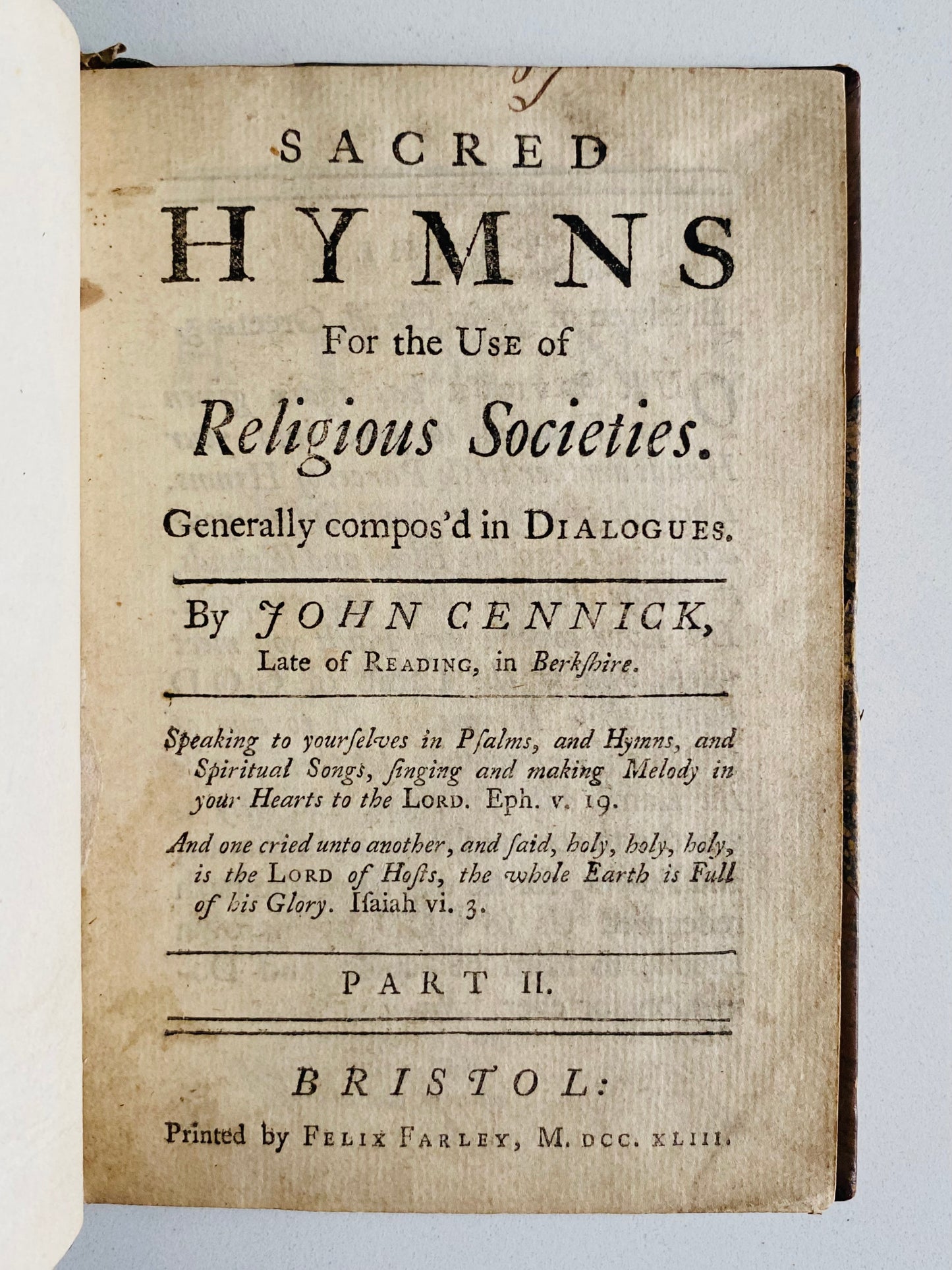 1743 JOHN CENNICK. Sacred Hymns for the Use of Religious Societies. First Edition Great Awakening Hymnal!