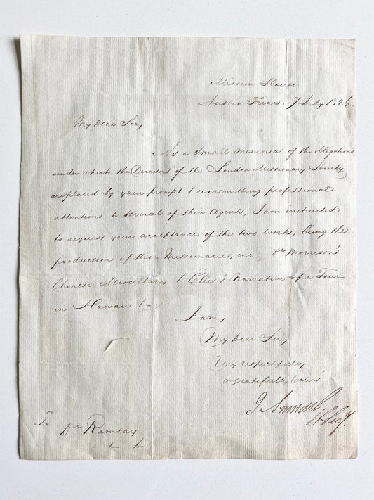 1826 LONDON MISSIONARY SOCIETY. John Arundel Letter Gifting Robert Morrison Work to Donor!