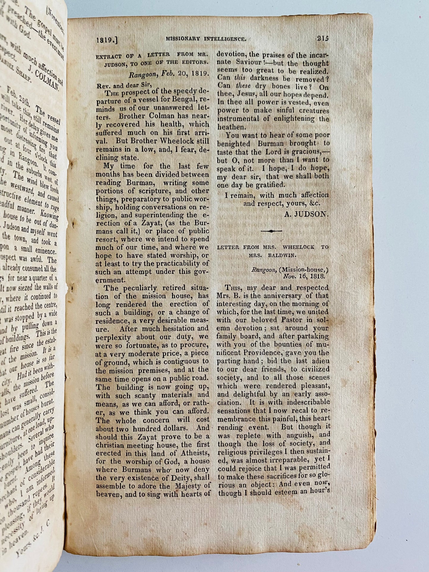 1819 ADONIRAM JUDSON et al. American Baptist Missionary Magazine. Ordination of Judson, William Carey Correspondence, &c.