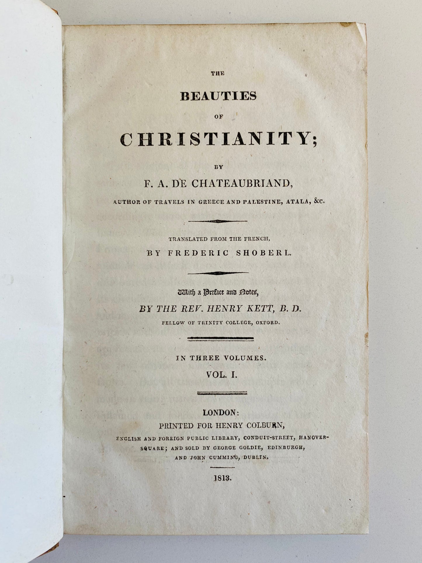 1813 F. A. DE CHATEAUBRIAND. The Beauties of Christianity in Three Fine Leather Volumes.