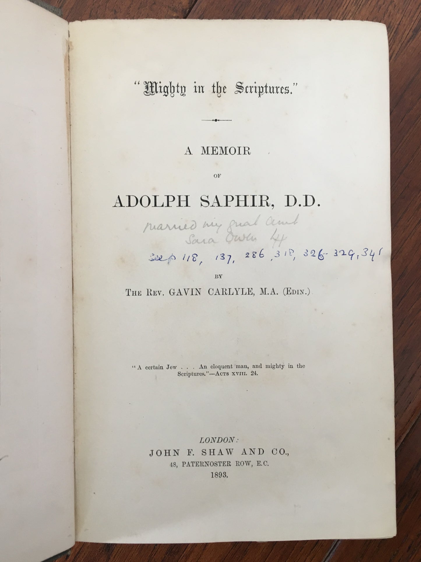 1893 ADOLPH SAPHIR. A Memoir of Adolph Saphir w/ CDVs and Family Provenance