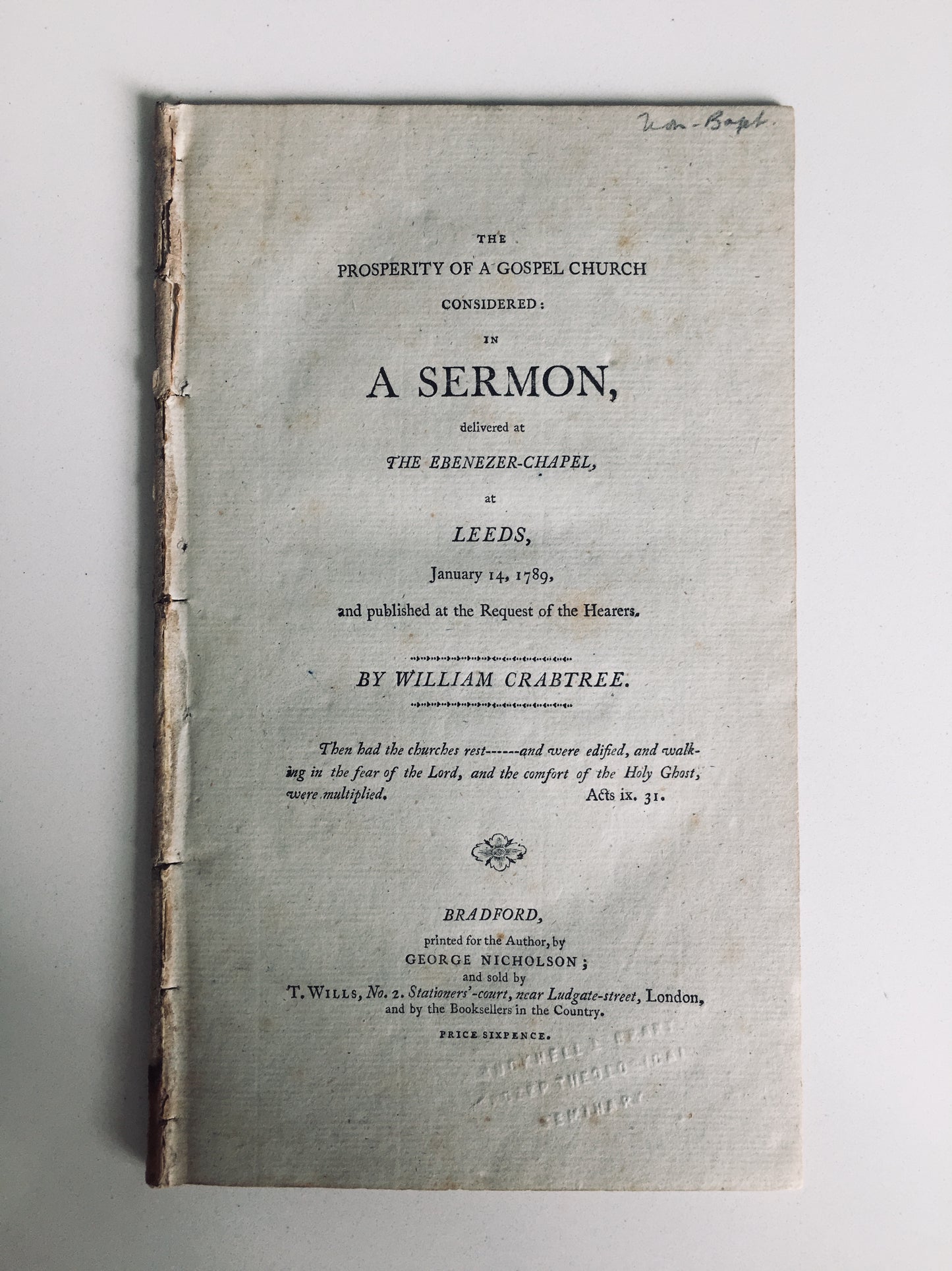 1789 WILLIAM CRABTREE. Important Baptist Sermon on God's Blessing of Baptists, etc.