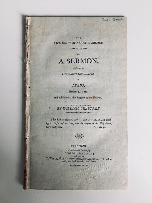 1789 WILLIAM CRABTREE. Important Baptist Sermon on God's Blessing of Baptists, etc.