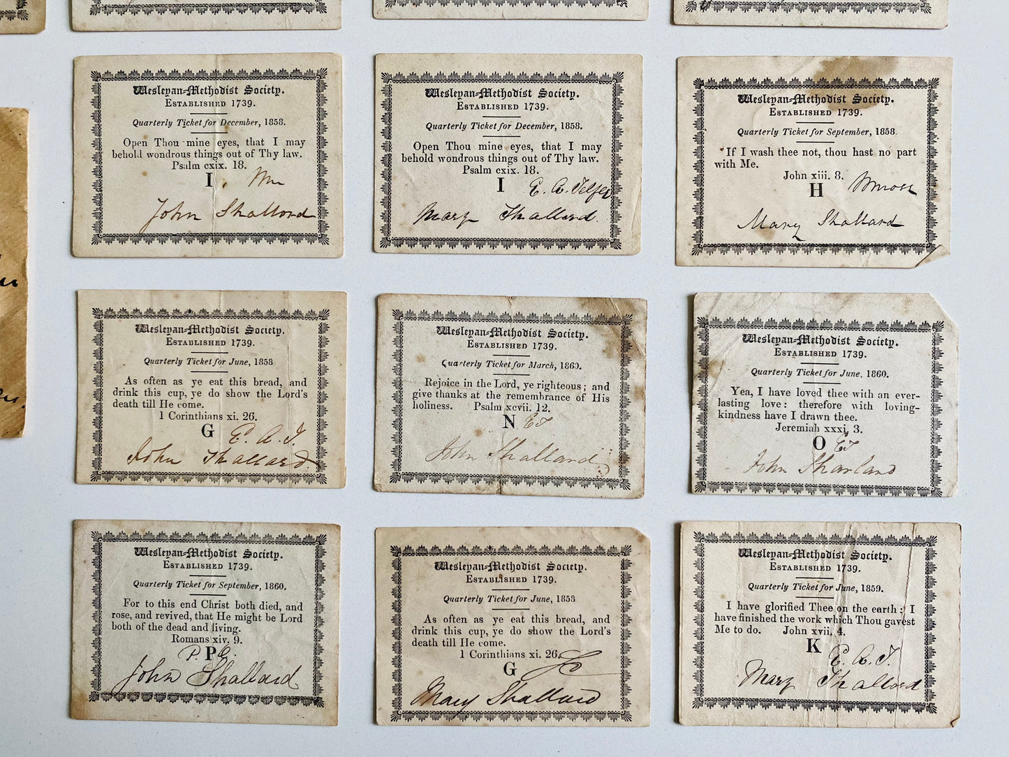 1850's 17 WESLEYAN METHODIST QUARTERLY TICKETS. Friend of Methodist Hymnist, Victory Purdy.